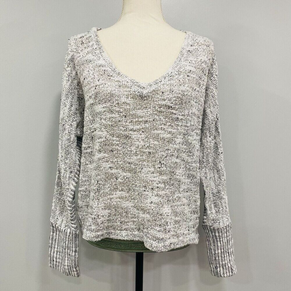 SPLENDID S Gray Oversized V-Neck Sweater Chunky Open Knit Boxy 90s Soft Grunge